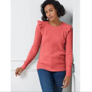 Talbots NEW Coral Pink Sweater Cable Knit Ruffle PM Medium Petite MP